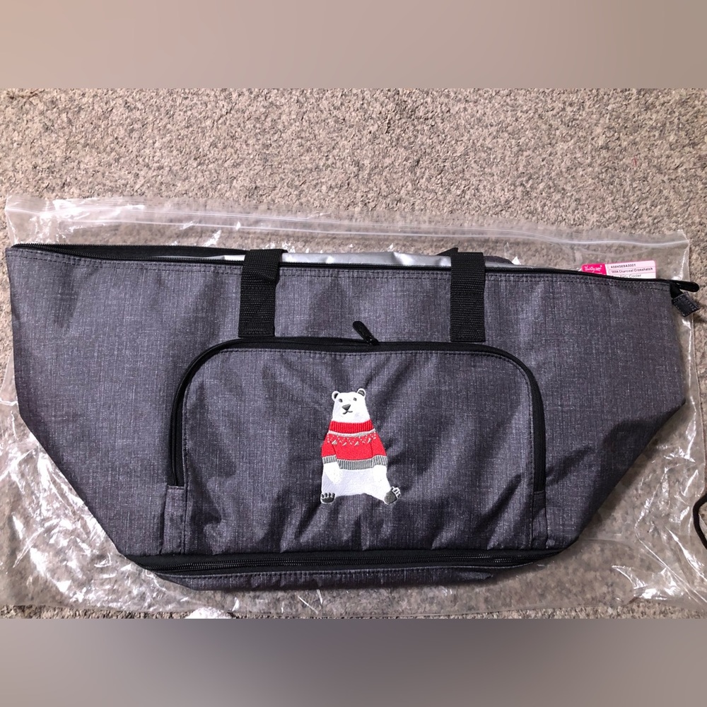 Bake and Take Party Cooler by Thirty-one in Charcoal Crosshatch w/ Bear Cozy NWT